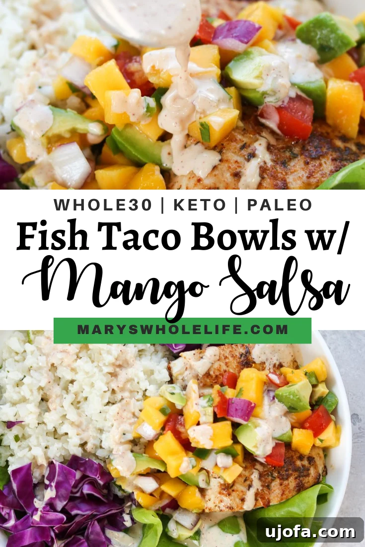 Whole30 Coastal Fish Taco Bowls with Zesty Mango Salsa 6 Full spread of Whole30 Fish Taco Bowls, ingredients, and fresh components