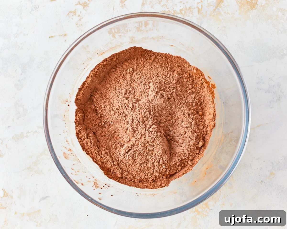 Fudgy Gluten-Free Brownie Perfection 8 Dry ingredients for gluten-free brownies, including gluten-free flour, cocoa powder, baking soda, and salt, are measured into a glass bowl.