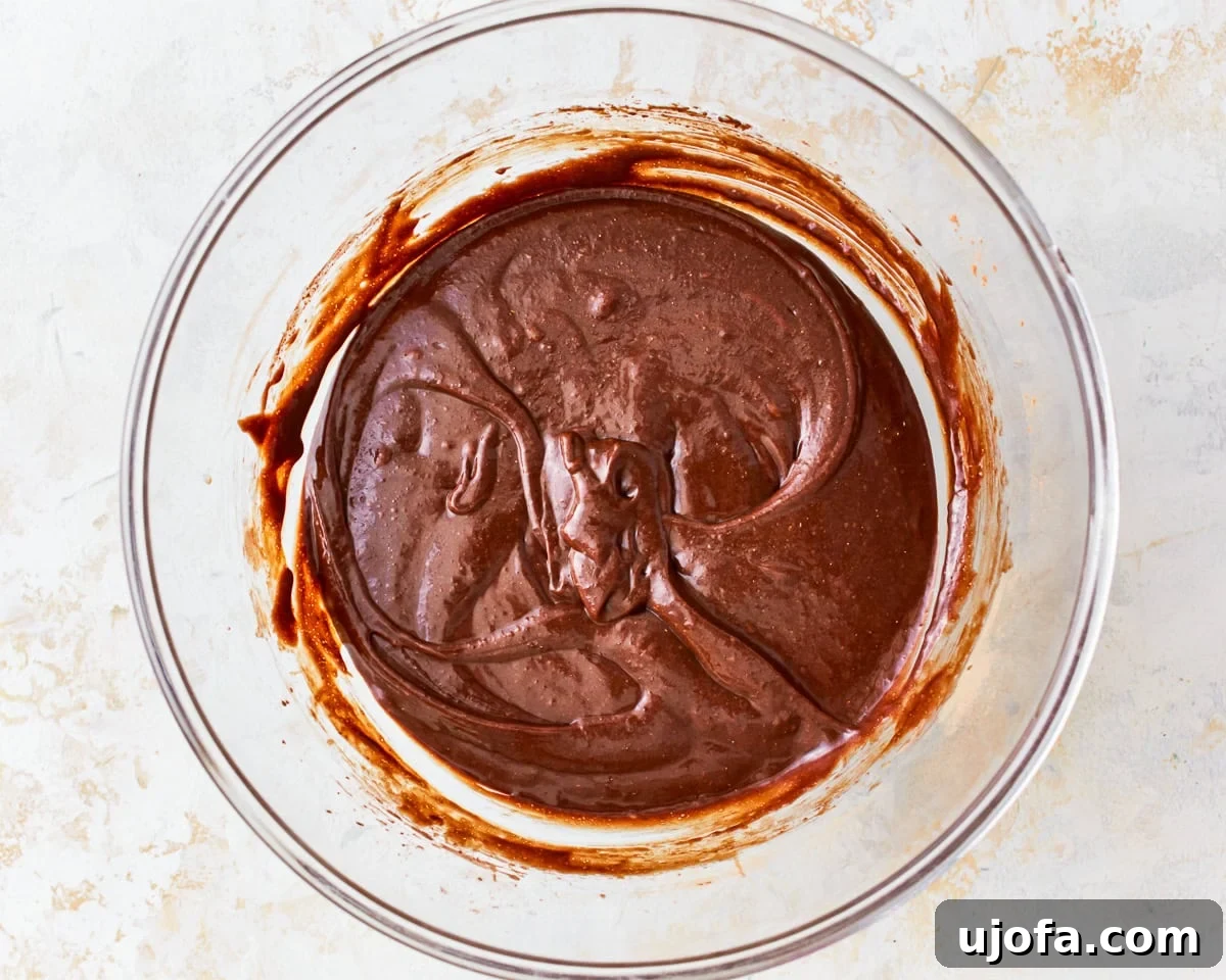 Fudgy Gluten-Free Brownie Perfection 9 Gluten-free brownie batter, smooth and dark, being mixed in a glass bowl after combining wet and dry ingredients.