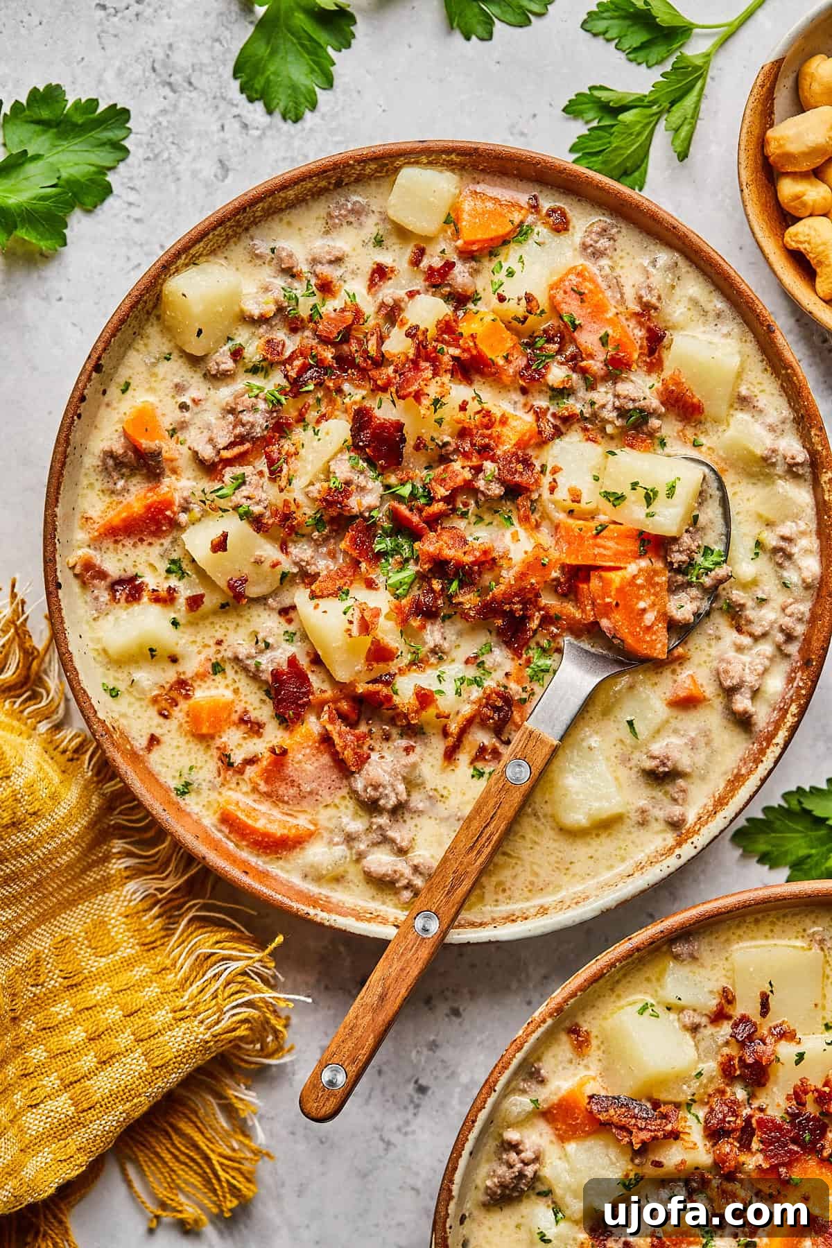 Creamy Dairy-Free Bacon Cheeseburger Soup 11 A serving of dairy-free cheeseburger soup in a rustic bowl, garnished with crumbled bacon and fresh parsley, ready to be enjoyed.