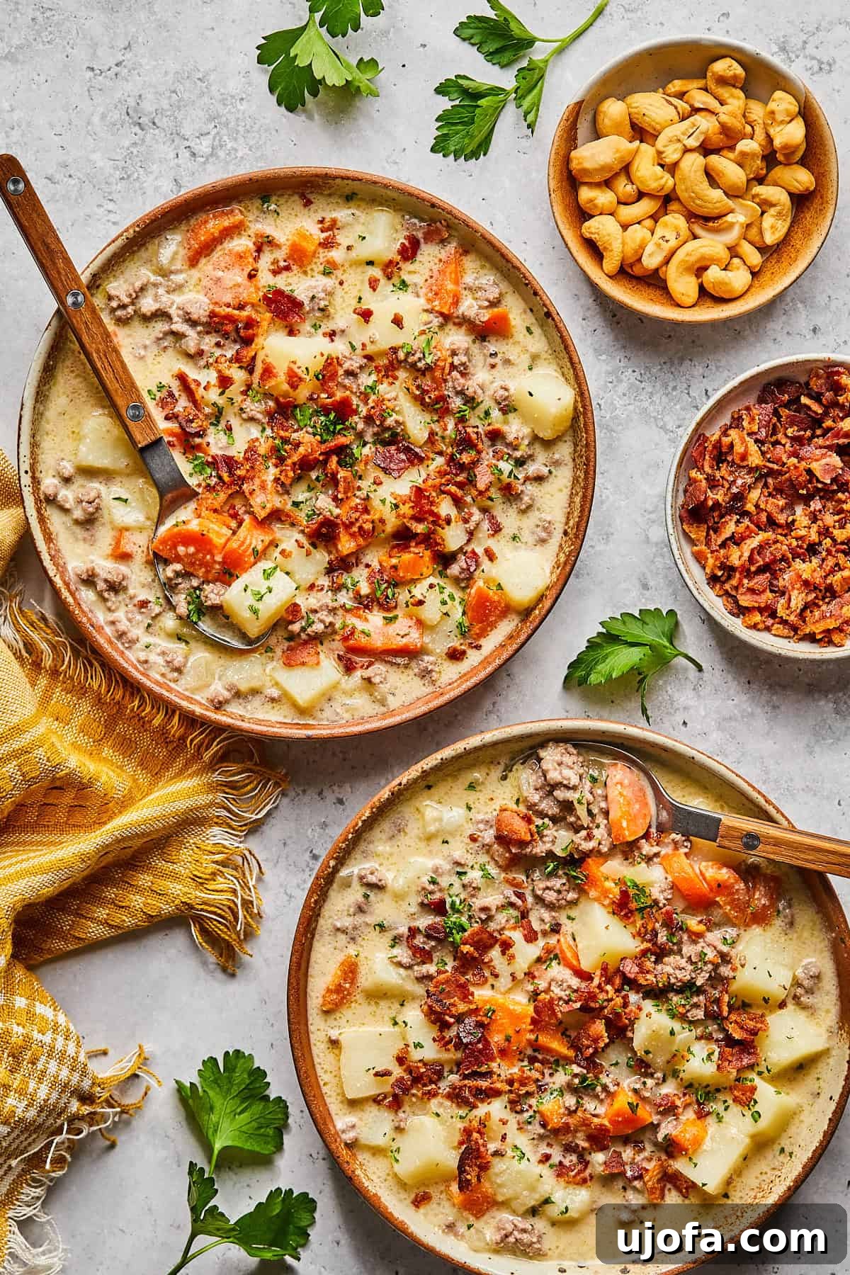 Creamy Dairy-Free Bacon Cheeseburger Soup 12 Two bowls of dairy-free cheeseburger soup surrounded by an assortment of delicious toppings like crumbled bacon, green onions, and avocado slices.