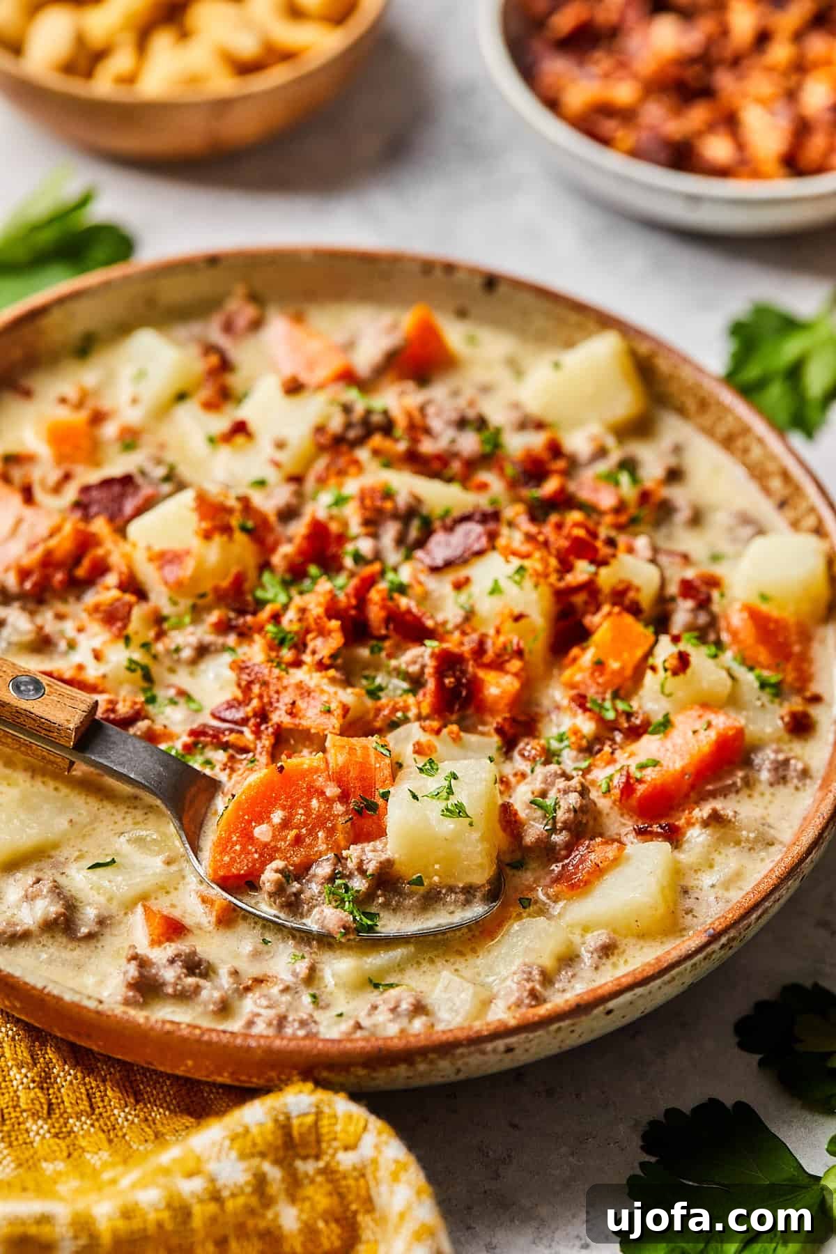 Creamy Dairy-Free Bacon Cheeseburger Soup 13 A close-up side view of creamy cheeseburger soup, beautifully garnished with crispy bacon and fresh parsley, showcasing its rich texture.