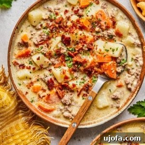 Dairy-free cheeseburger soup topped with bacon in a bowl with a wooden and metal spoon