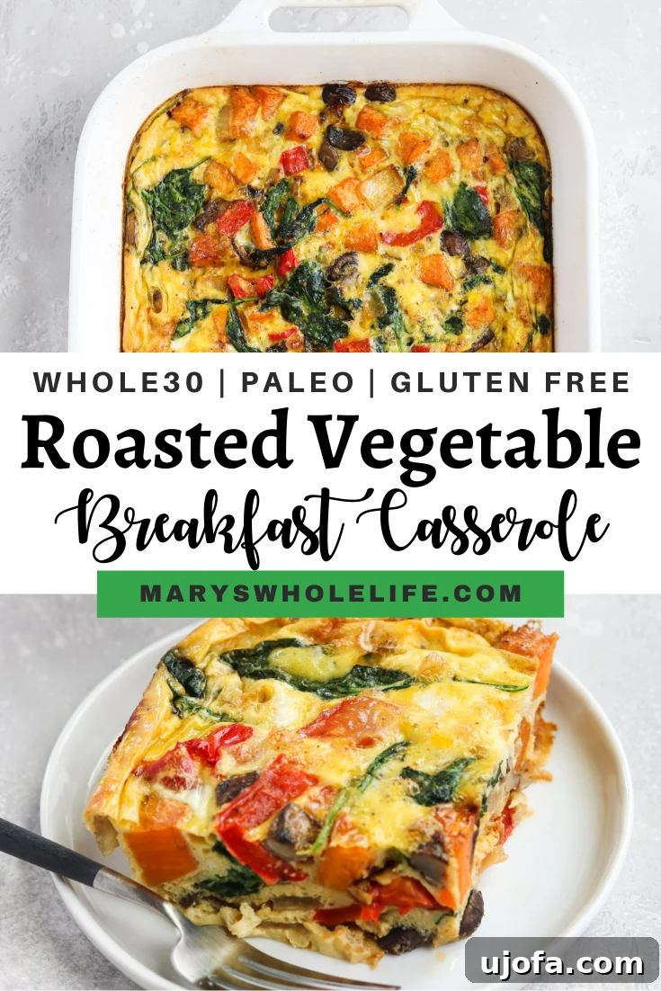 Wholesome Roasted Vegetable Breakfast Bake 7 An overhead shot of a freshly baked Roasted Veggie Breakfast Casserole in a stoneware dish, showcasing its golden-brown top and hearty ingredients.