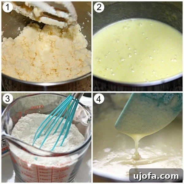 Step-by-step guide showing initial mixing phases for a gluten-free almond bundt cake: creaming butter and sugar, adding eggs, incorporating extracts, and preparing dry ingredients and buttermilk.