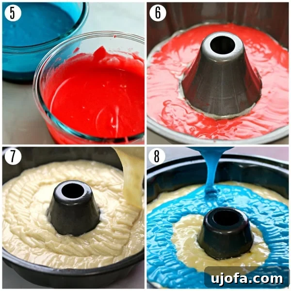 Step-by-step photos detailing the creation of red and blue cake batter layers, and the careful layering process into a bundt pan for a festive gluten-free almond bundt cake.