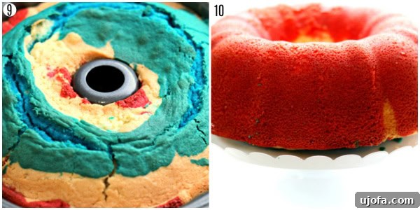 After baking, the Gluten-Free Firecracker Almond Bundt Cake cools in the pan before being inverted onto a serving plate and drizzled with a sweet glaze, ready for 4th of July celebration.