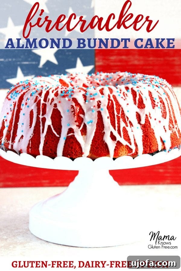 Pin this Gluten-Free Firecracker Almond Bundt Cake recipe for a moist, layered red, white, and blue dessert perfect for 4th of July, with a dairy-free option.