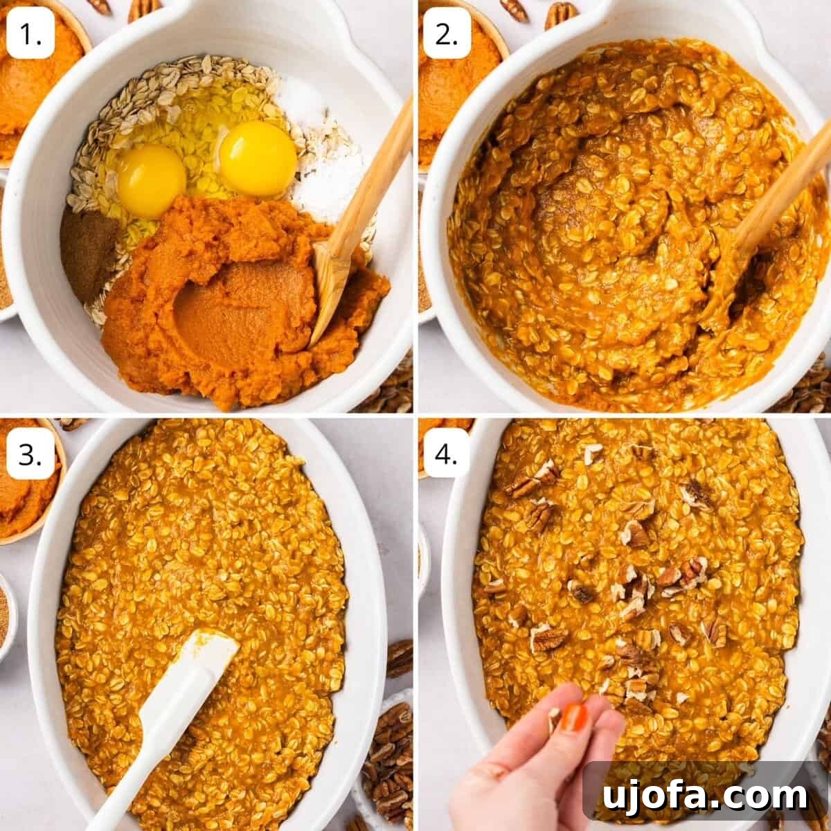 Three steps illustrating the process of making pumpkin baked oatmeal, from mixing to baking.