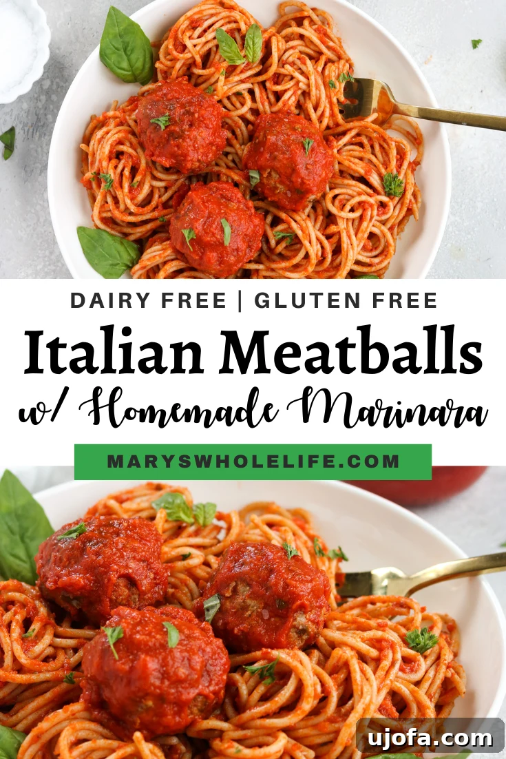 A final photo of Gluten Free Italian Meatballs with Marinara and pasta, beautifully presented.