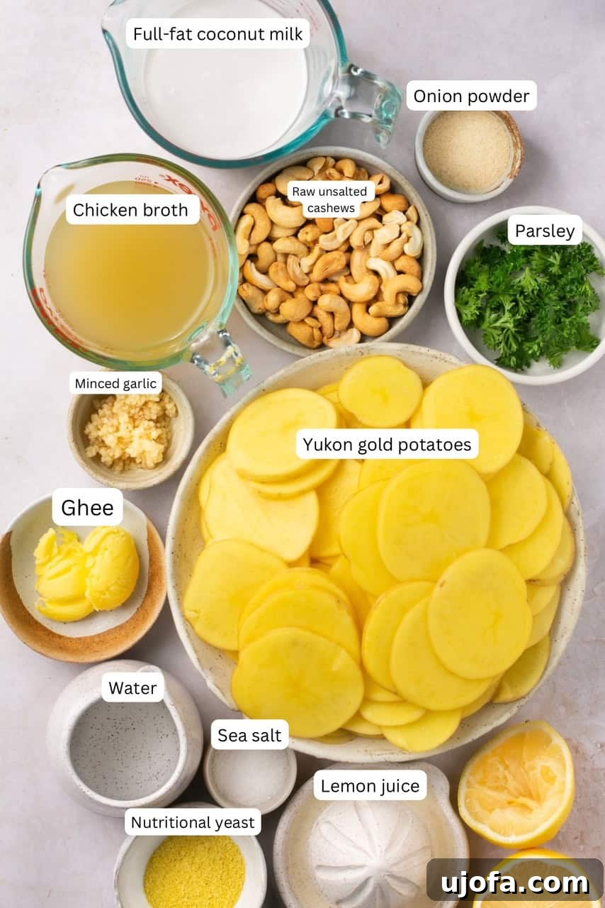 Simple Savory Gluten-Free Potato Gratin 3 recipe ingredients in nesting bowls and labeled