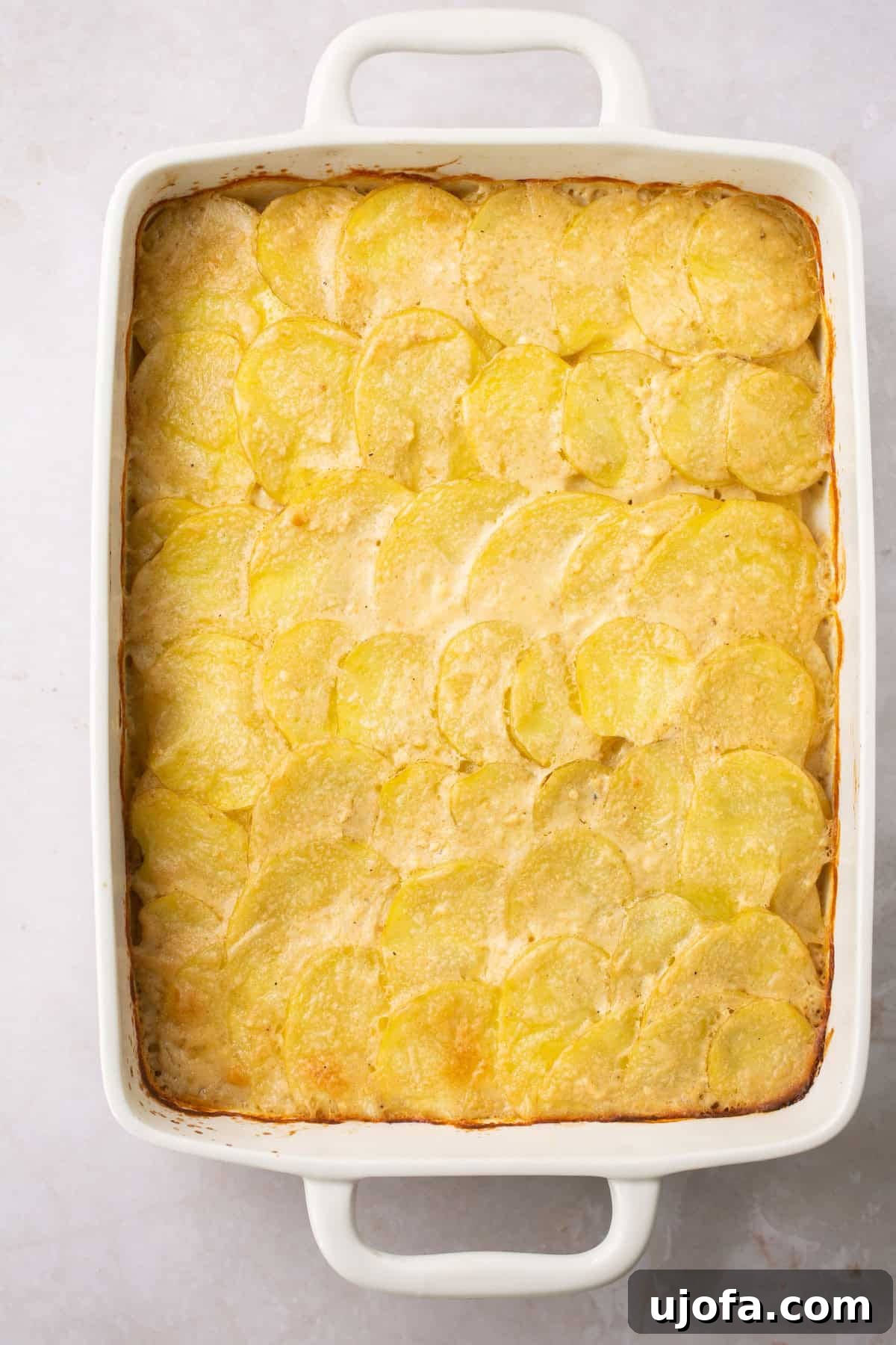 Simple Savory Gluten-Free Potato Gratin 6 an overhead shot of gluten free scalloped potatoes in a white baking dish.