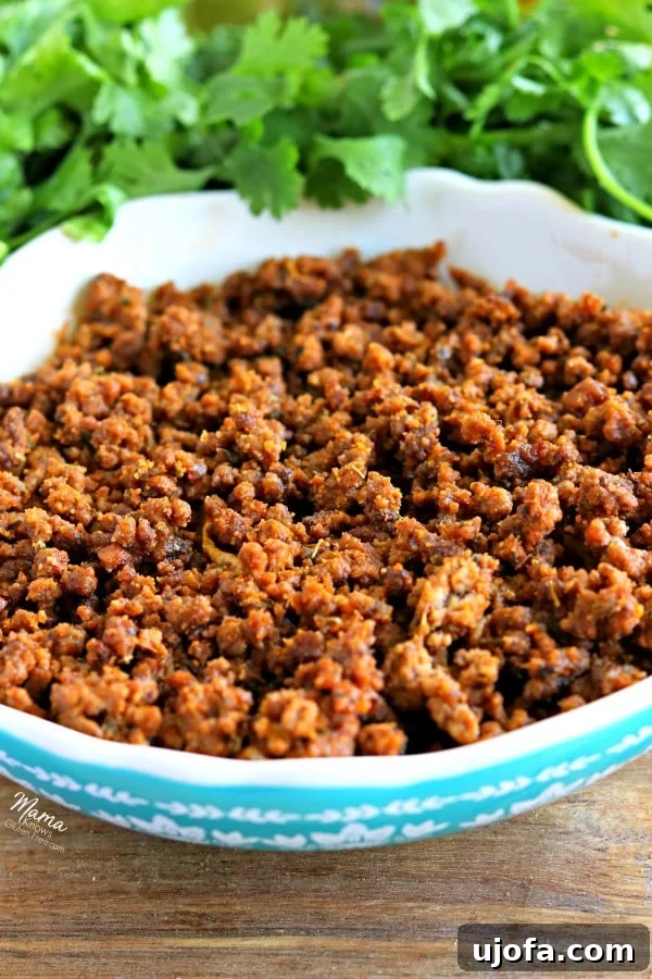 a bowl of gluten-free taco meat with cilantro in the background