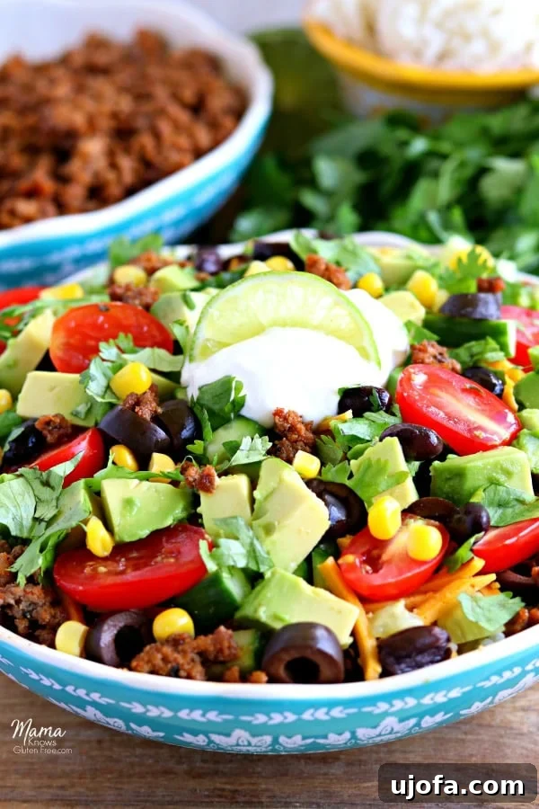 gluten-free burrito bowl with taco meat, rice and cilantro in the background