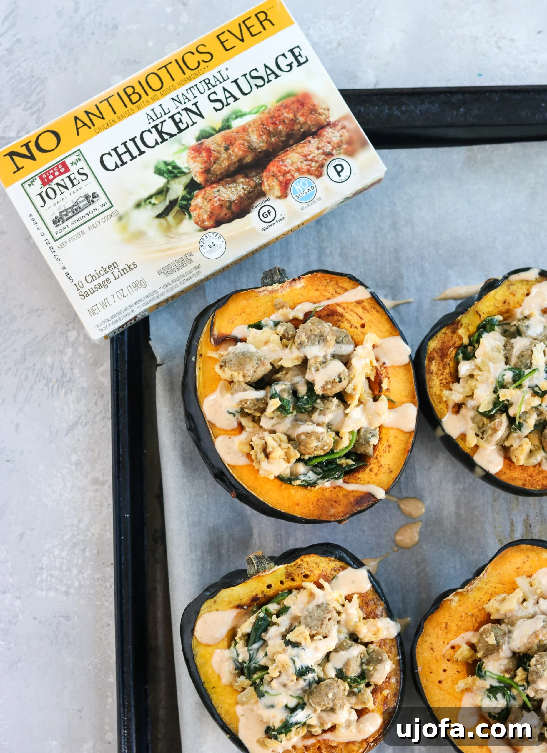 Ingredients for Breakfast Stuffed Acorn Squash, including Jones Dairy Farm Chicken Sausages