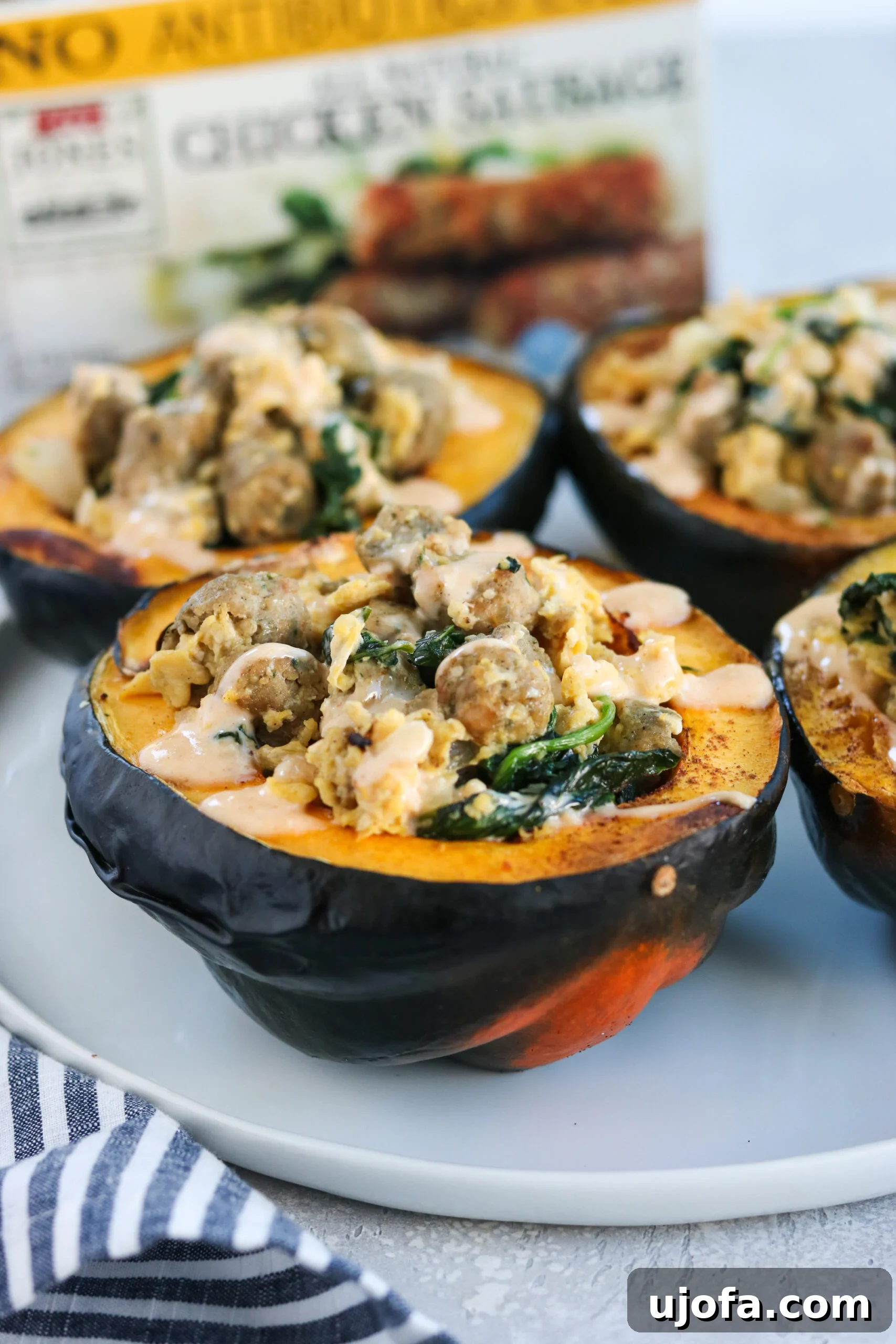 Finished Breakfast Stuffed Acorn Squash with garlic aioli drizzle