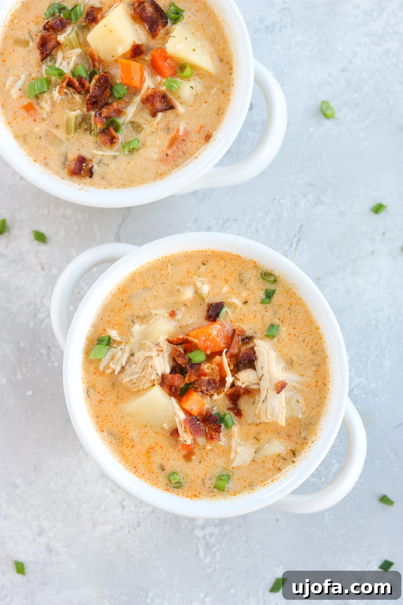 Bold Buffalo Chicken Chowder 3 Close-up of creamy Buffalo Ranch Chicken Chowder with toppings