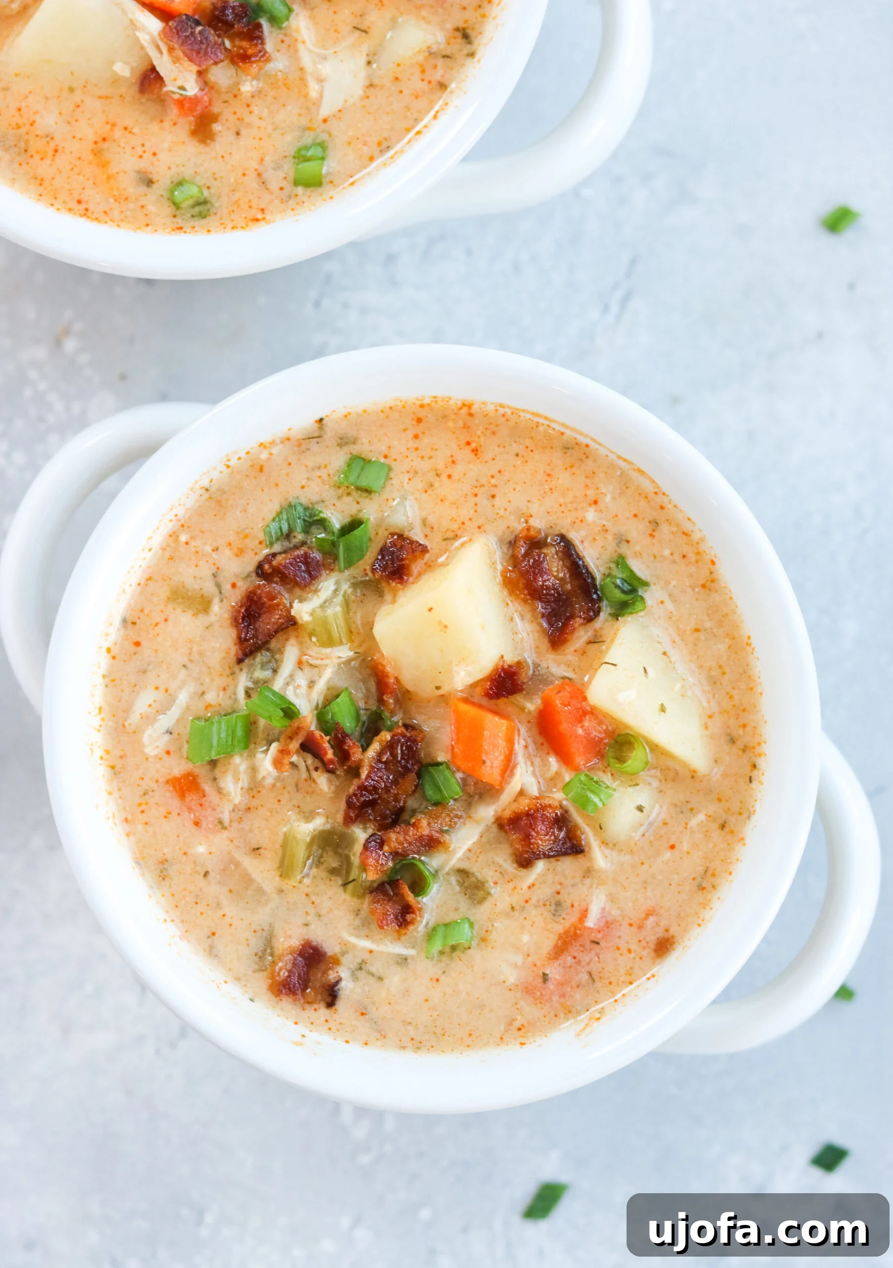 Bold Buffalo Chicken Chowder 4 Bowl of Buffalo Ranch Chicken Chowder with bacon and green onion topping