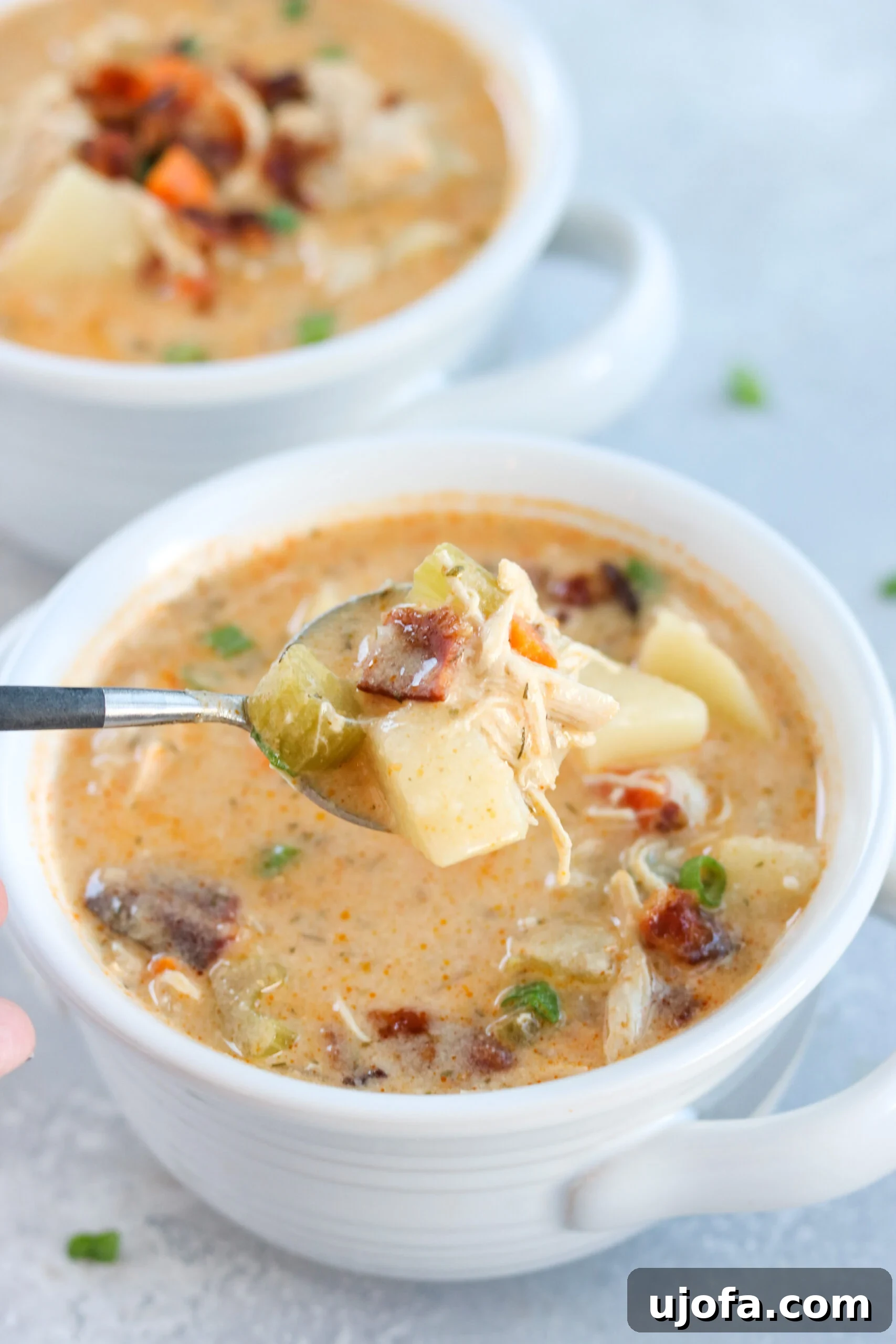 Bold Buffalo Chicken Chowder 5 Serving bowl of Buffalo Ranch Chicken Chowder with a spoon