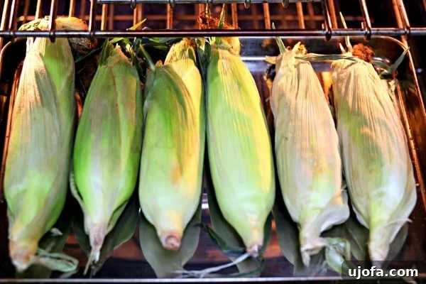 Simply Perfect Oven Roasted Corn 3 Step-by-step image showing ears of corn with husks on placed on a baking sheet, ready for oven roasting