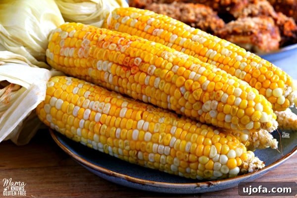Simply Perfect Oven Roasted Corn 4 Close-up of easy oven roasted corn on the cob, with salt and melted butter, ready to be eaten