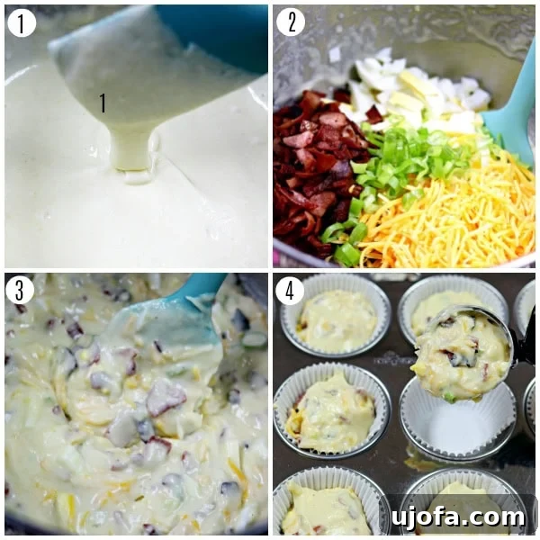 Step-by-step guide to making Gluten-Free Bacon, Egg, and Cheese Muffins, showing mixing ingredients.