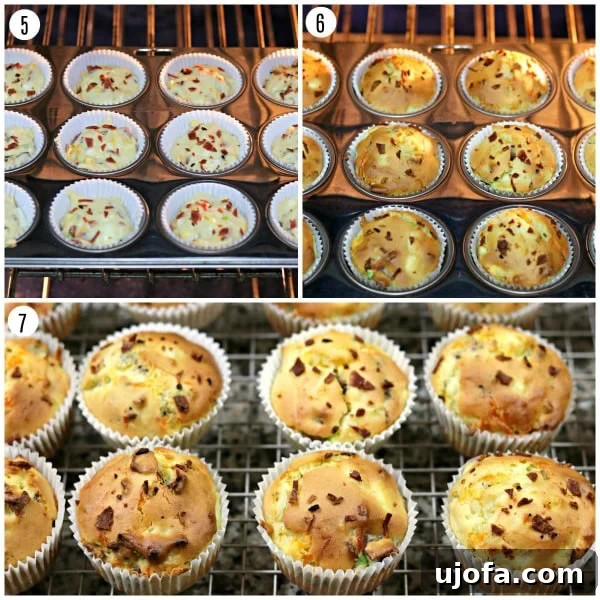 Further steps in preparing Gluten-Free Bacon, Egg, and Cheese Muffins, including scooping batter.