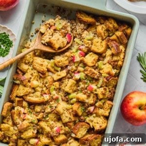 Your New Favorite Gluten Free and Dairy Free Stuffing 12 sausage apple herb stuffing in a blue casserole dish