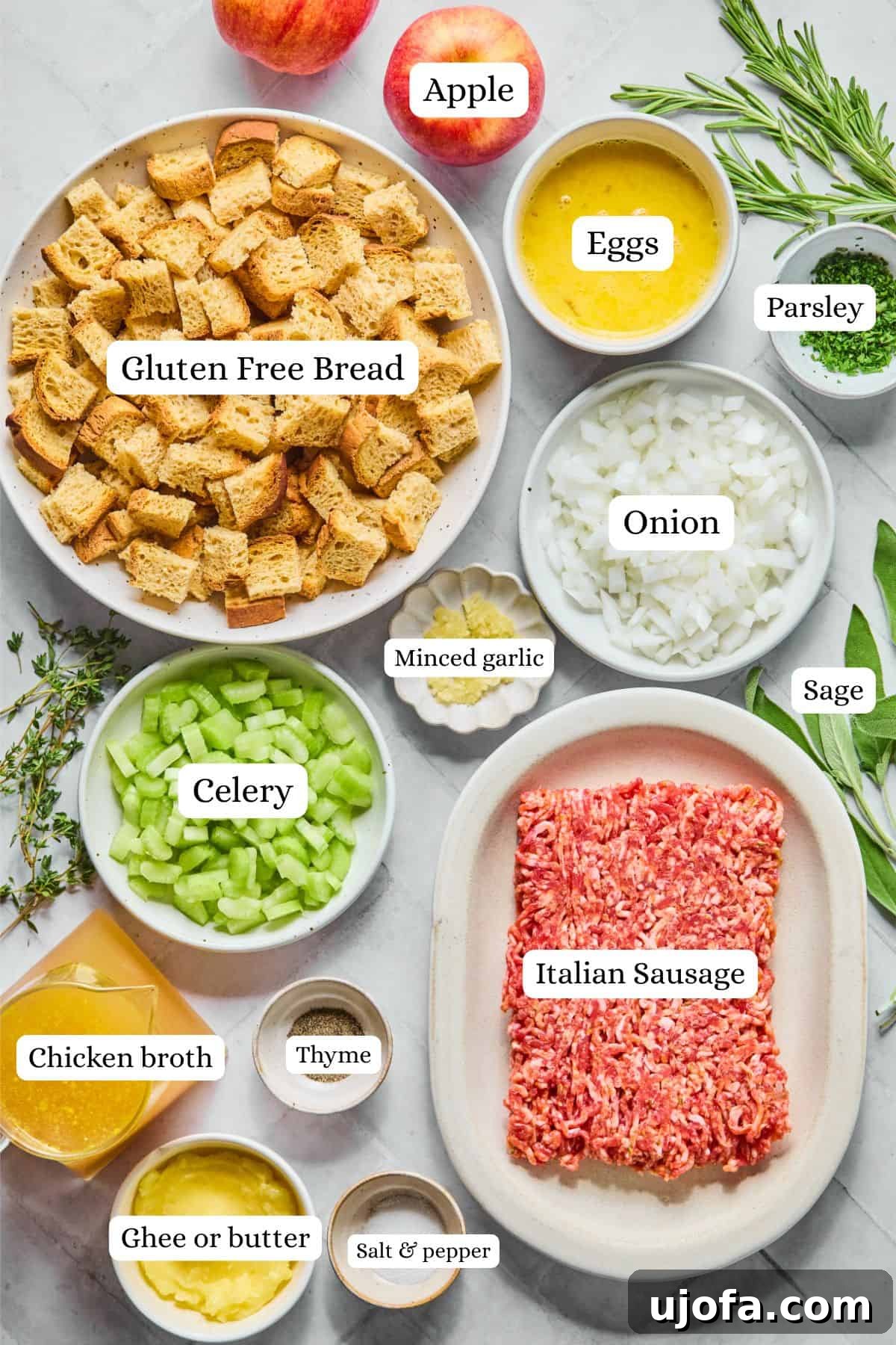 Your New Favorite Gluten Free and Dairy Free Stuffing 3 ingredients for sausage apple stuffing in nesting bowls