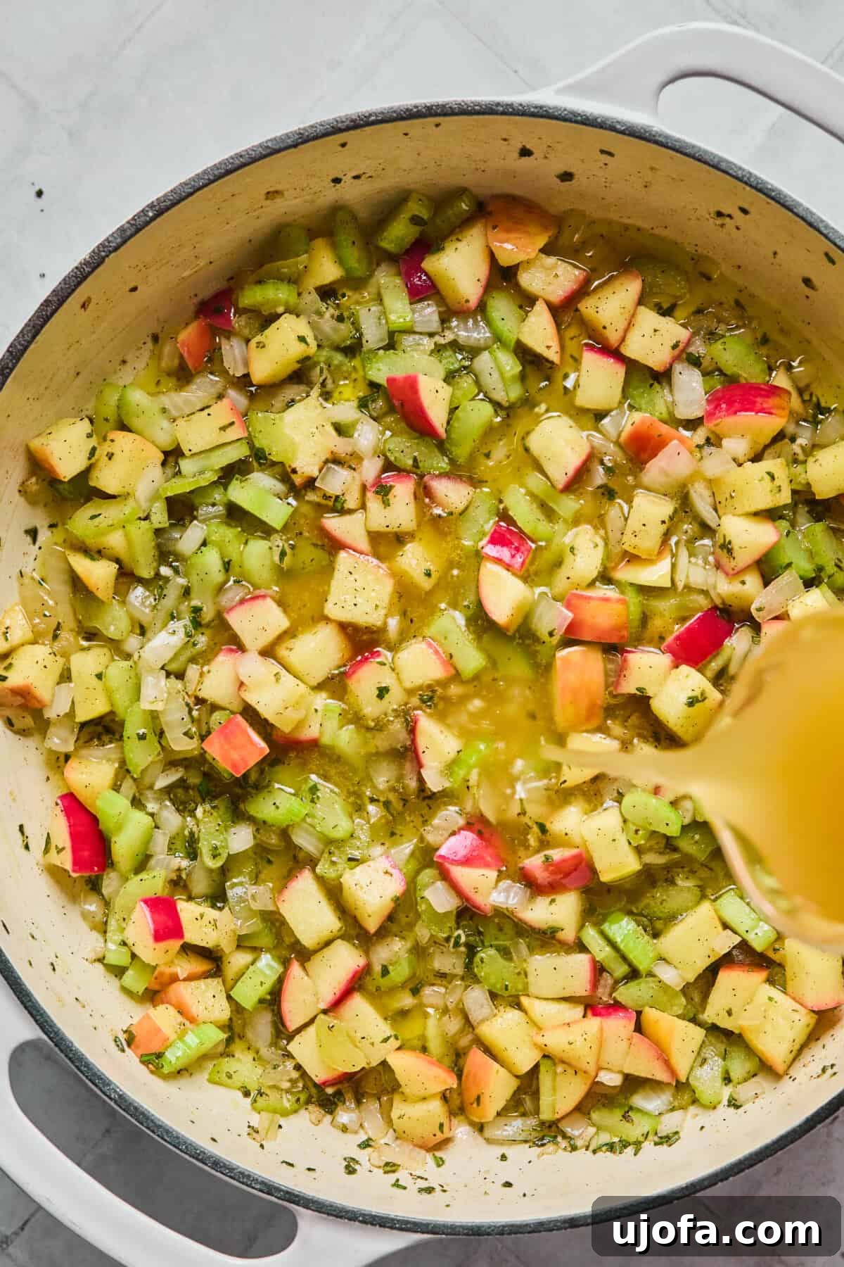 Your New Favorite Gluten Free and Dairy Free Stuffing 6 apples, celery, herbs and broth in a skillet