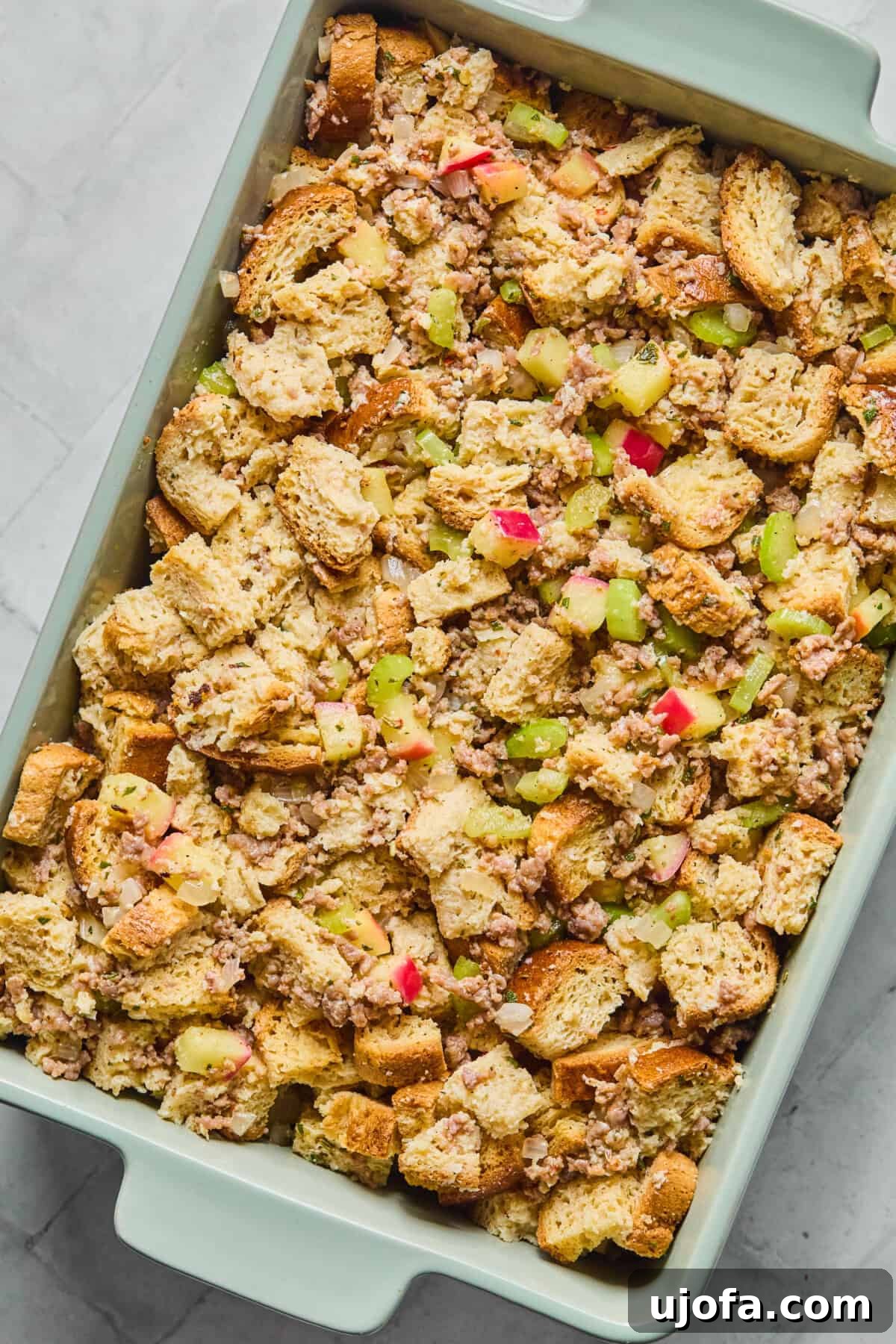 Your New Favorite Gluten Free and Dairy Free Stuffing 9 uncooked stuffing in a baking dish