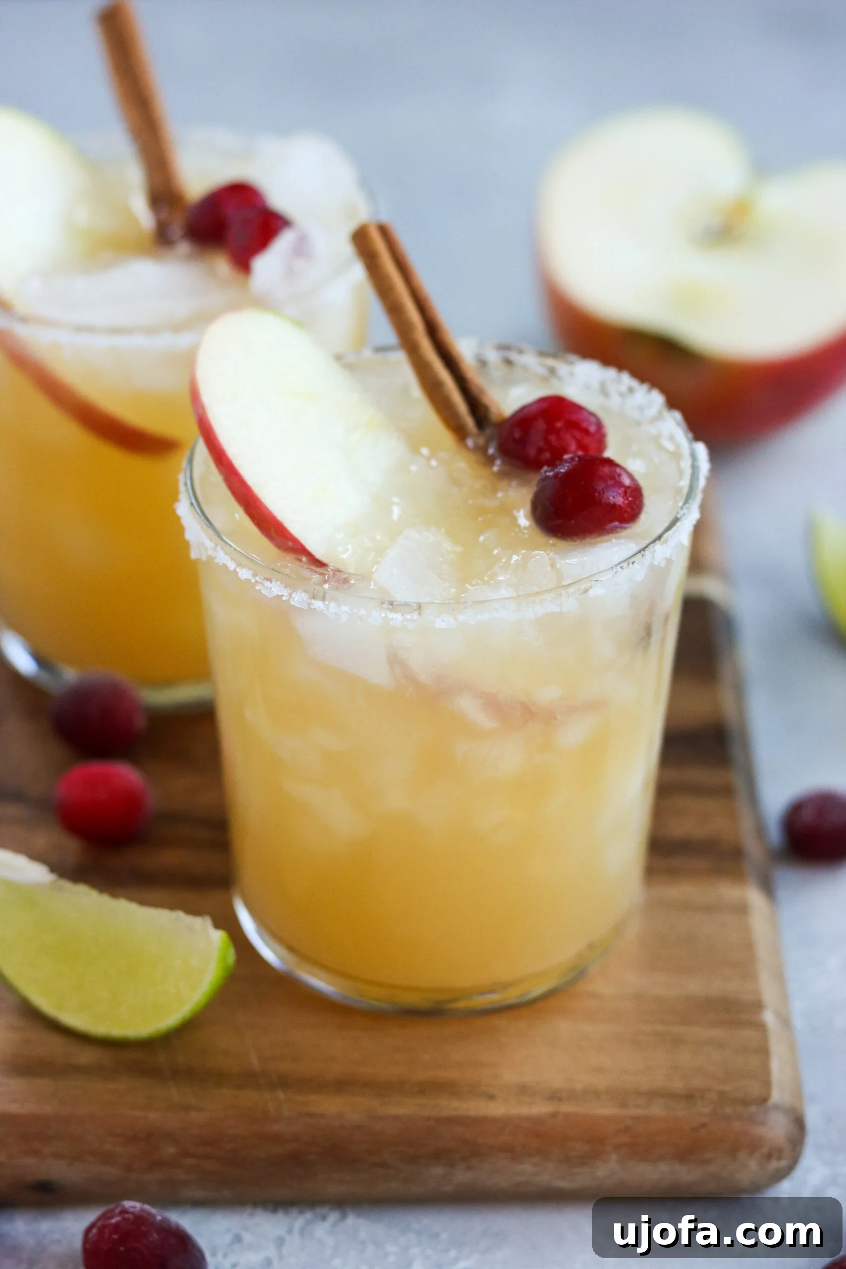 A highball glass filled with ice and a vibrant apple cider margarita mixture, artfully garnished with a fresh apple slice, two cranberries, and a cinnamon stick, all set against a sea-salt rim.