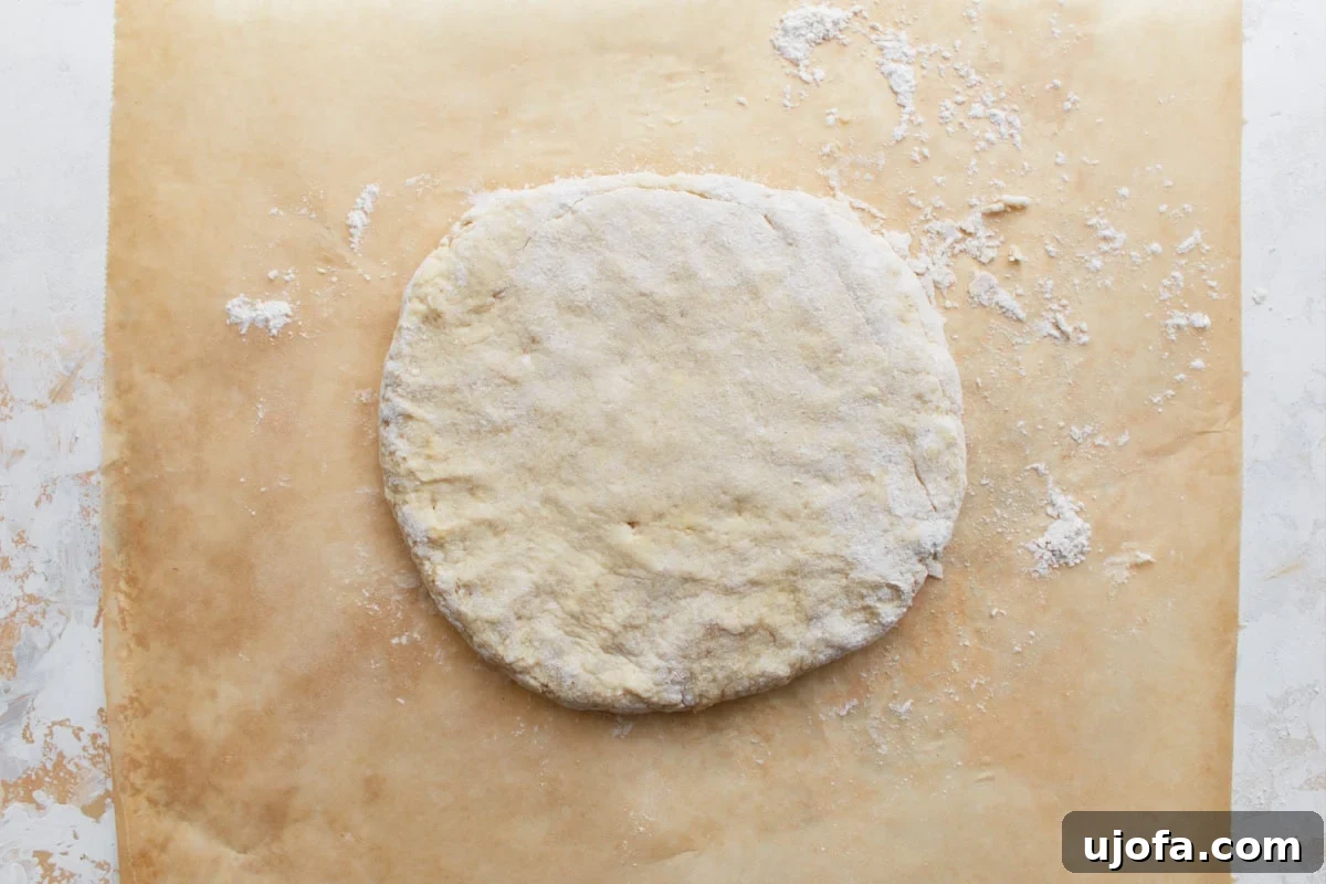 Perfect Gluten-Free Buttermilk Biscuits 12 A perfectly shaped round of biscuit dough, about 7 inches in diameter and 1 inch thick, ready for cutting.