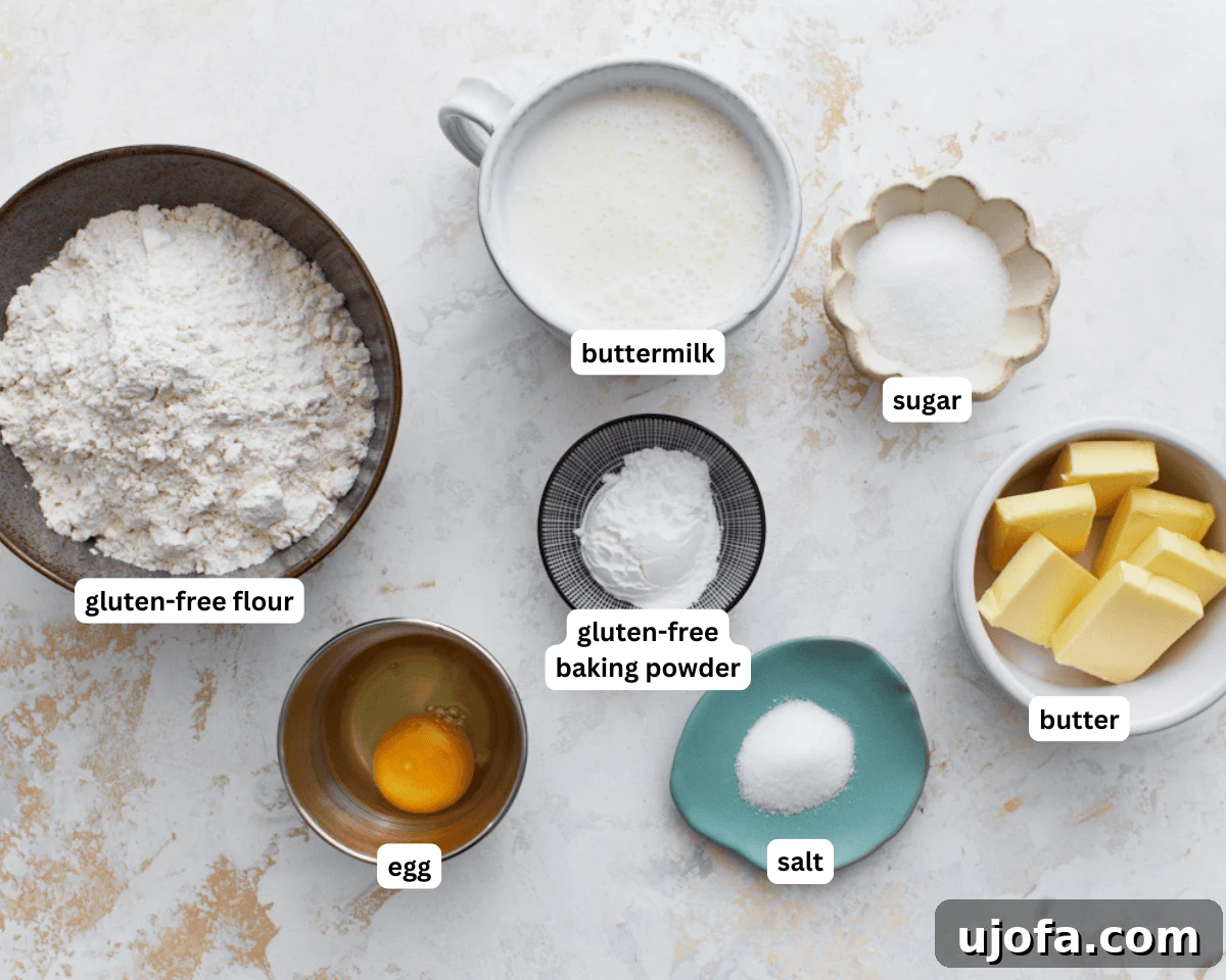 Perfect Gluten-Free Buttermilk Biscuits 4 All the necessary ingredients for gluten-free buttermilk biscuits laid out, including flour, butter, buttermilk, egg, and leavening agents.