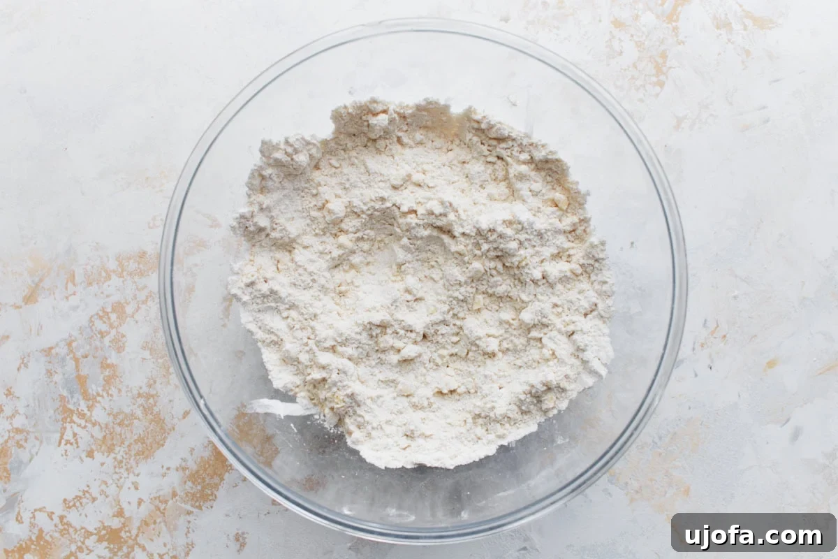 Perfect Gluten-Free Buttermilk Biscuits 6 A clear mixing bowl containing dry biscuit ingredients, showing coarse crumbs after butter has been cut in.