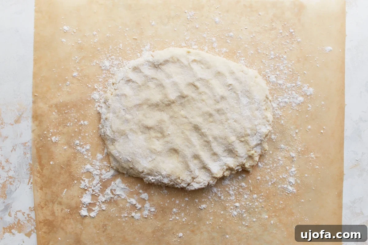 Perfect Gluten-Free Buttermilk Biscuits 9 Biscuit dough gently placed onto the floured parchment paper, ready for further shaping.