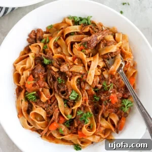 Hearty Instant Pot Short Rib Ragu in a white bowl, garnished with fresh parsley and a fork