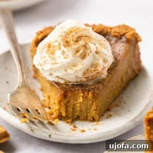 Classic gluten-free pumpkin pie on a plate, topped with a generous dollop of whipped cream