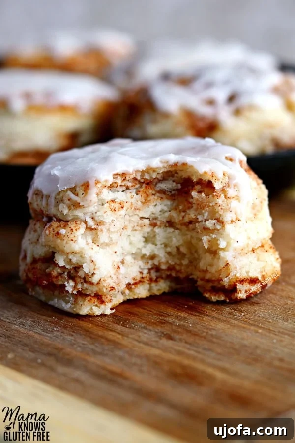 A perfectly baked gluten-free cinnamon biscuit with a bite taken out, revealing its tender, flaky layers infused with cinnamon and sugar. More glazed cinnamon biscuits are visible in the background, nestled in a rustic cast iron skillet.