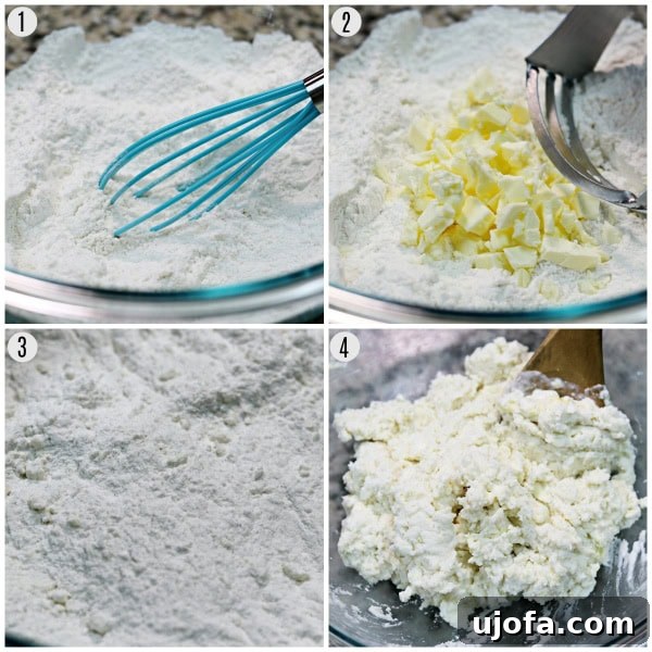 First four steps of making gluten-free cinnamon biscuits: 1. Whisking dry ingredients, 2. Cutting butter into flour, 3. Butter and flour mixture resembles small peas, 4. Adding buttermilk and egg to form a sticky dough.