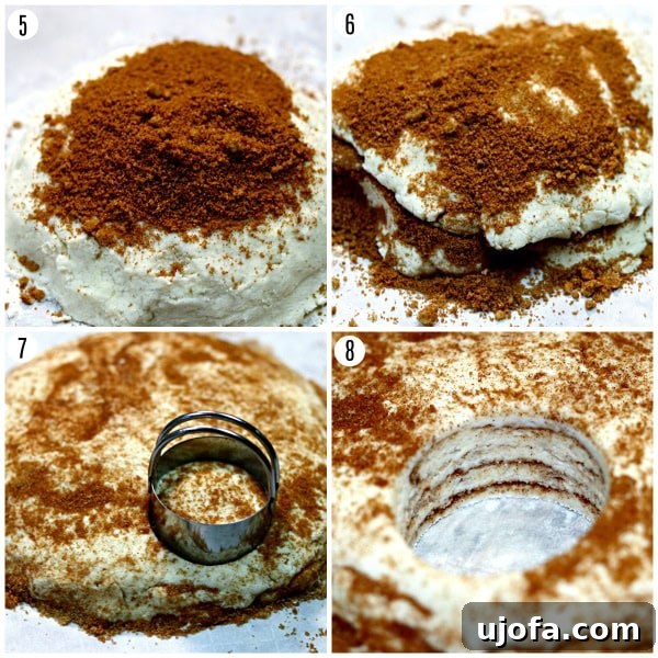 Steps 5-8 of making gluten-free cinnamon biscuits: 5. Dough on parchment paper with cinnamon sugar, 6. Dough folded in half with more cinnamon sugar, 7. Biscuits cut with a round cutter, 8. Reforming dough scraps.