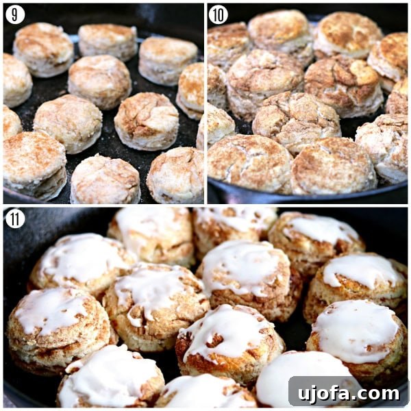 Last three steps of making gluten-free cinnamon biscuits: 9. Biscuits ready to bake in a cast iron pan, 10. Golden brown biscuits fresh out of the oven, 11. Glazing the warm cinnamon biscuits.