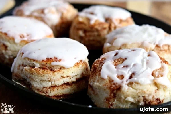 Six beautifully glazed gluten-free cinnamon biscuits arranged in a cast iron pan, ready to be served.