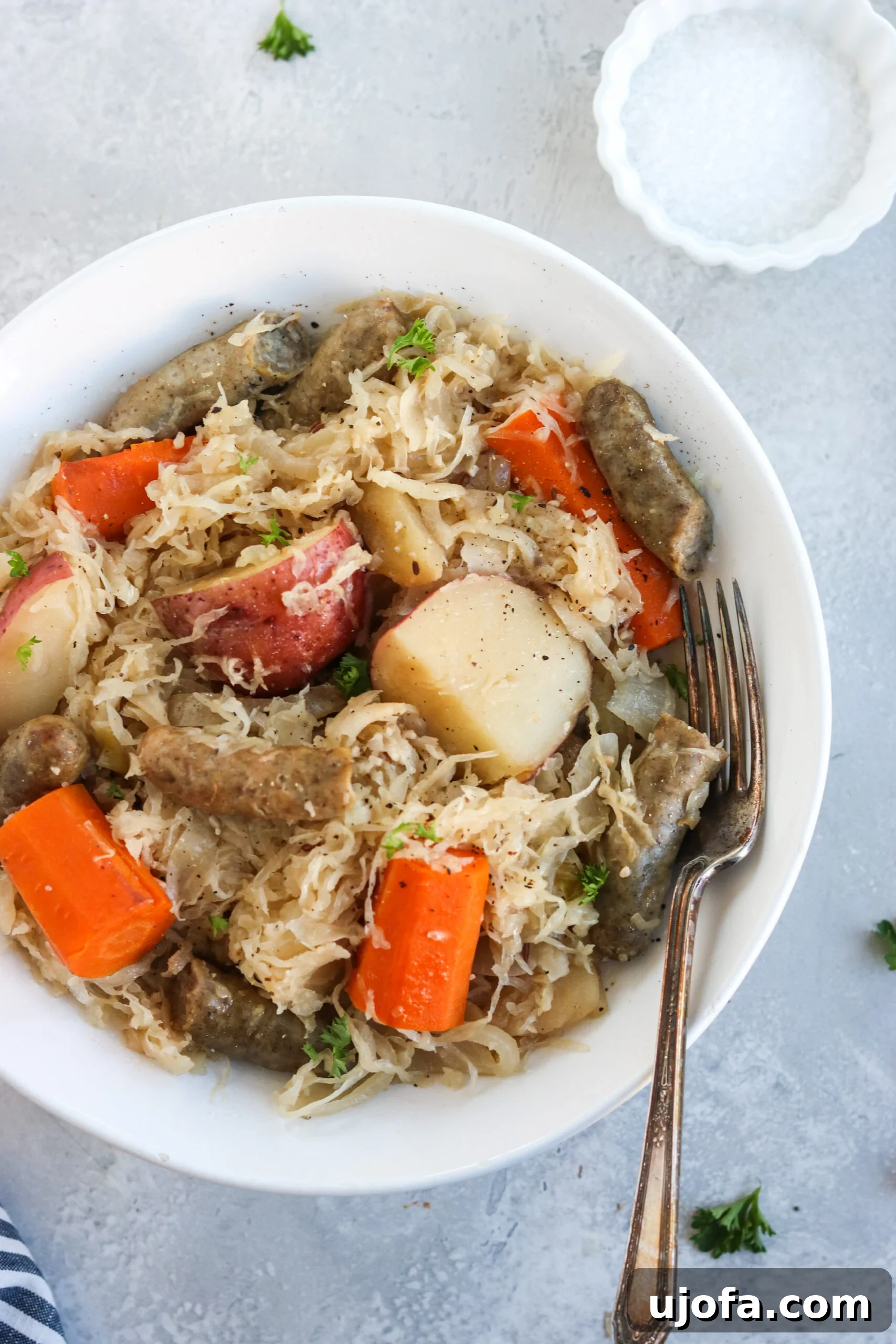 A bowl of finished Slow Cooker Sausage, Sauerkraut, and Apples