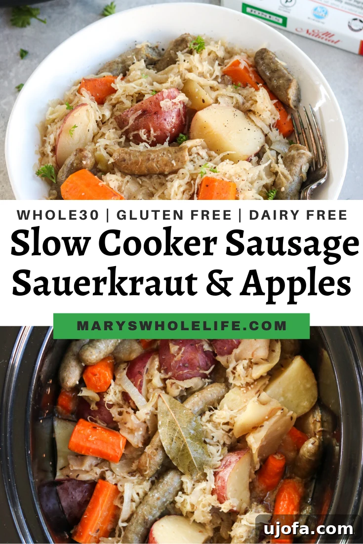 Overhead shot of Slow Cooker Sausage, Sauerkraut, and Apples with a spoon
