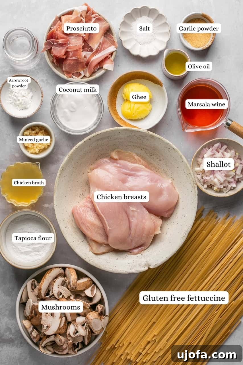 Quick Chicken Marsala Fettuccine with Crispy Prosciutto 3 ingredients for chicken marsala with pasta in nesting bowls