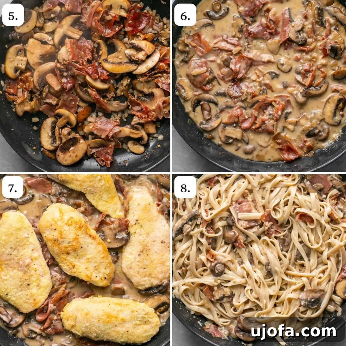 Quick Chicken Marsala Fettuccine with Crispy Prosciutto 5 steps 5-8 for making fettuccine chicken marsala