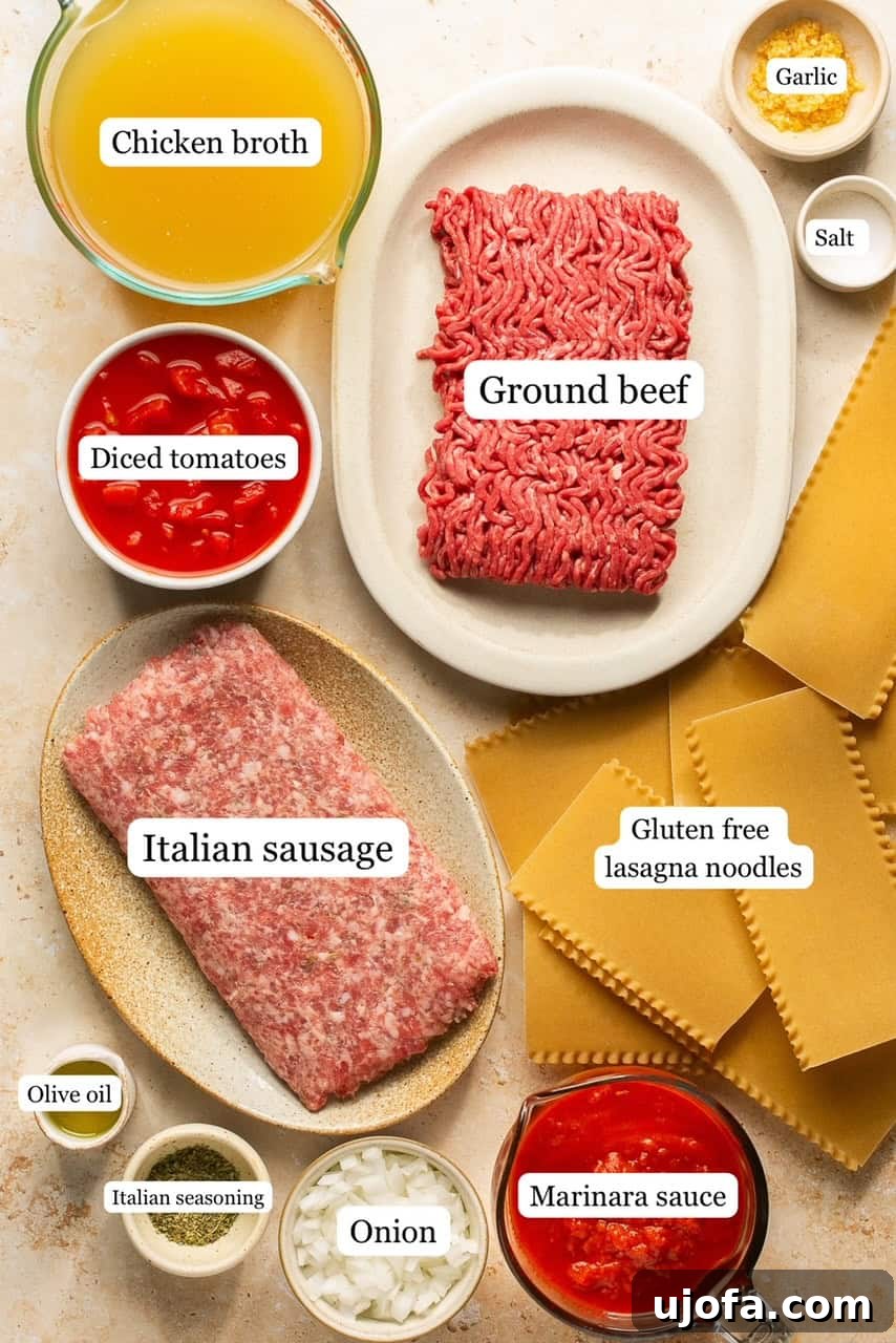An array of fresh, labeled ingredients for gluten-free lasagna soup, neatly arranged in small white bowls.