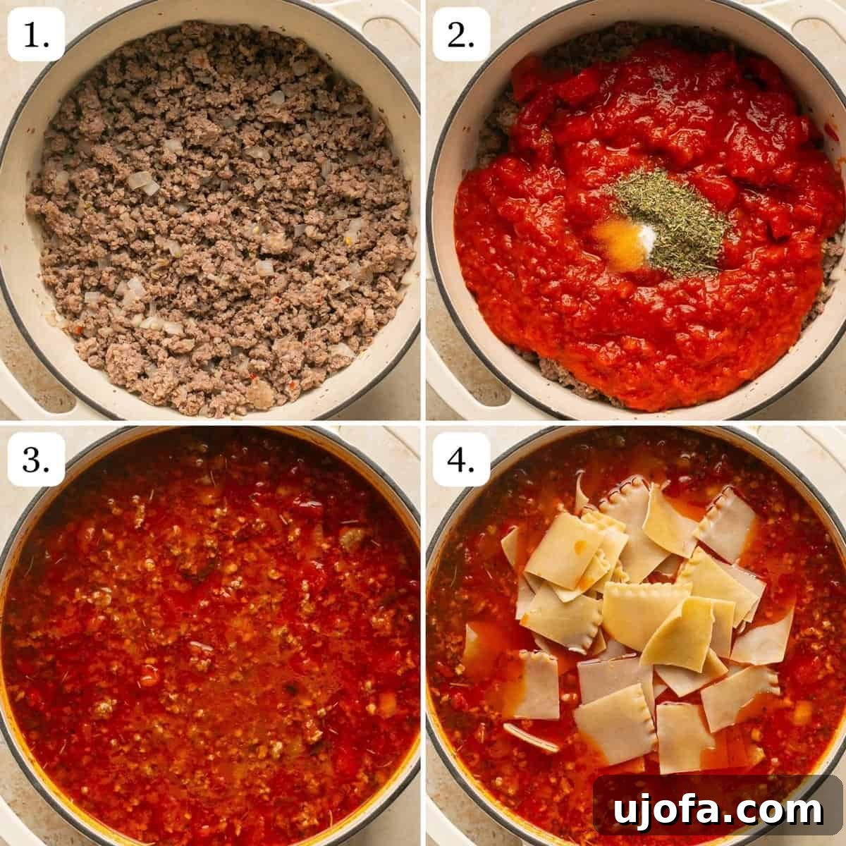 A visual collage showing five step-by-step photos of the cooking process for gluten-free lasagna soup, from browning meat to the finished soup.