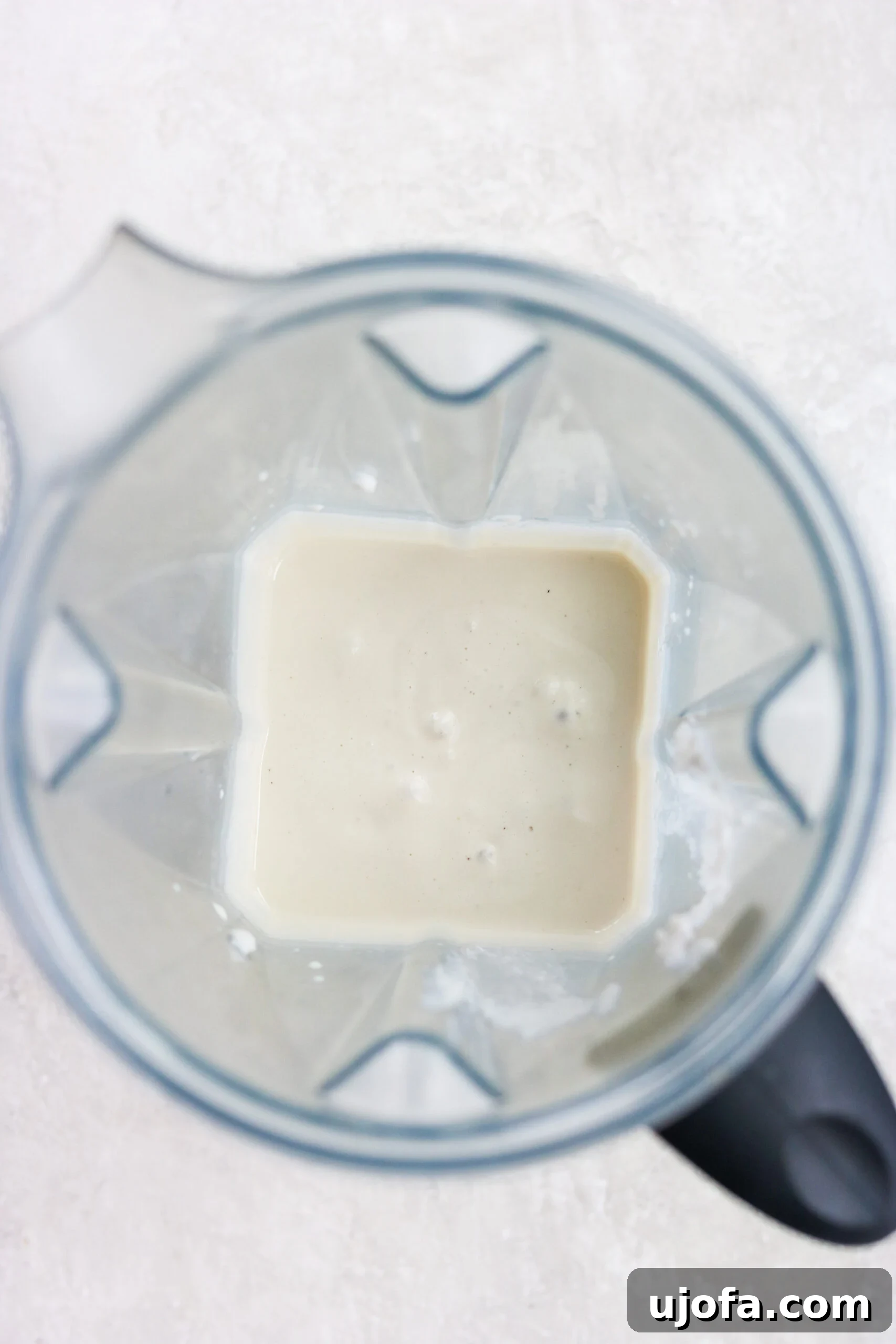 Overhead view inside a blender, showing the smooth, creamy consistency of the freshly blended dairy-free sour cream ingredients.